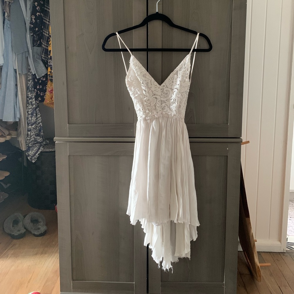 Low back white lace high low dress